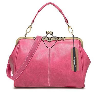 Imagem de Segater Bolsa carteiro feminina vintage pequena retrô Kiss Lock Bolsa tiracolo de couro fosco, rosa, Medium