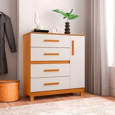 Imagem de Cômoda Para Quarto 4 Gavetas E 1 Porta Victoria Nature / Off White - Cor: Bege