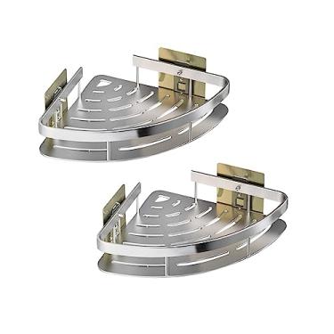 Imagem de Prateleira de canto para chuveiro Prateleira de armazemento de para cozinha Rack de temperos Alumínio Sem broca Organizador de banheiro forte, Camada Dupla Prata