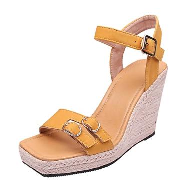 Imagem de Sandálias plataforma de alpargata com cadarço moda verão sandálias senhoras sexy sapatos rasos cabeça quadrada corda sandálias femininas tanga (amarelo, 8,5)