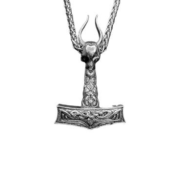 Imagem de Colar Masculino Mjolnir Estilo Nórdico com Cordão Viking Luxuoso Cor:Prata