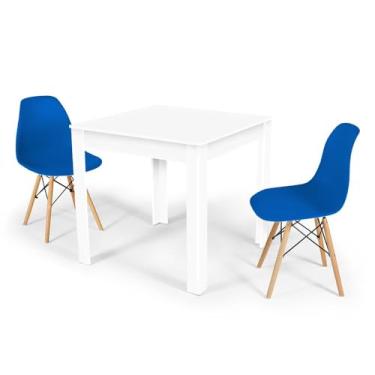 Imagem de Conjunto Mesa de Jantar Quadrada Sofia Branca 80x80cm com 2 Cadeiras Eames Eiffel - Azul