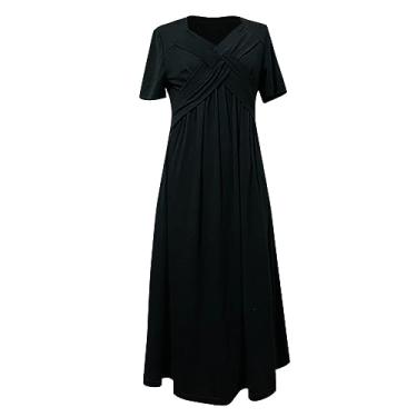 Imagem de UIFLQXX Vestido longo feminino plus size com decote em V, manga curta, cor sólida, vestido de verão de chiffon solto, Preto, P