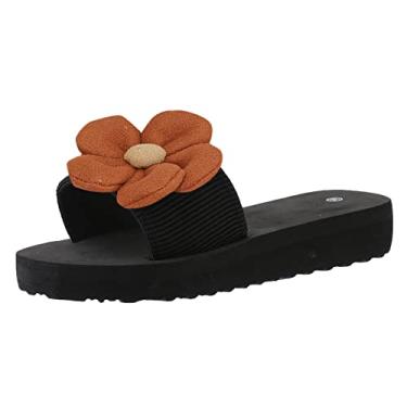 Imagem de Chinelos para mulheres chinelos femininos dedo aberto flores sandálias sapatos casuais verão praia sapatos femininos chinelos felpudos, Café, 7.5