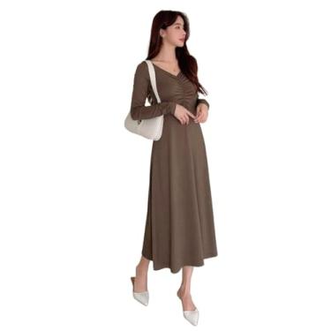 Imagem de Camisa Feminina Solid Ruched Front A-line Dress (Color : Coffee Brown, Size : M)
