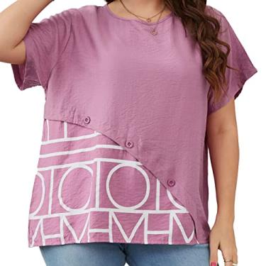 Imagem de Blusa Feminina, Moda Manga Curta Gola Redonda Ajuste Solto Estampa Bonita Camiseta Feminina de Verão para Viagens (XL)
