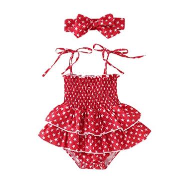 Imagem de Macaquinho infantil sem mangas com estampa de estrelas, dia da independência, 4 de julho, faixas de cabeça para bebês meninas, Vermelho, 12-18 Months