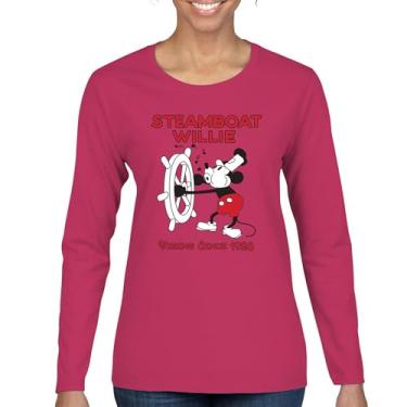 Imagem de Camiseta feminina Steamboat Willie Vibing Since 1928 manga longa icônica retrô desenho mouse atemporal clássico vintage Vibe, Rosa choque, XXG