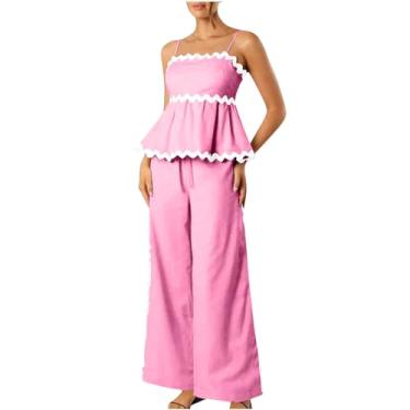 Imagem de Conjunto de blusa feminina combinando para mulheres, túnica fina, plissada, 2 peças, listrado, verão, outono, 2024, C-240 rosa choque, G