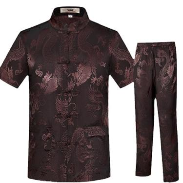 Imagem de Roupa masculina chinesa tradicional, calça masculina, camisa oriental, Cheongsam, tang, top, Conjunto curto marrom, XG