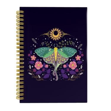 Imagem de Knibeo Caderno de bruxa mística Luna Moth, diário da lua, diário de bruxa, caderno de bruxas, presentes de bruxa para mulheres, caderno de diário espiral de mariposa floral Boho 14 x 21 cm