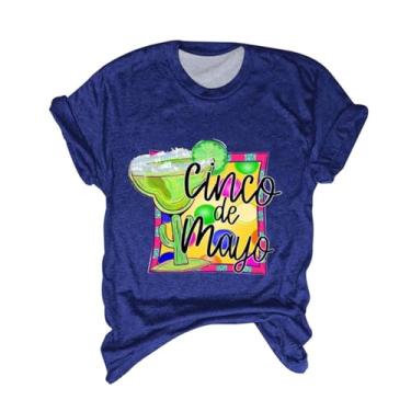 Imagem de Camisetas femininas de Mayo com estampas modernas, camisetas de manga curta, festas de verão mexicanas, Azul - B, XXG