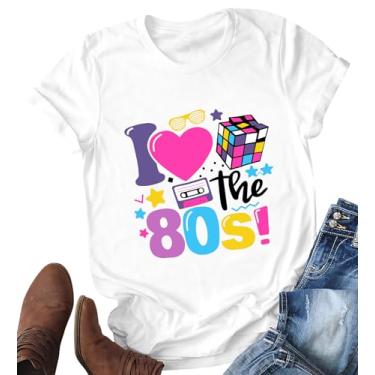 Imagem de PECHAR Camiseta feminina I Love The 80's Vintage 80s Music Graphic Camiseta de manga curta para festa dos anos 80, Branco, GG