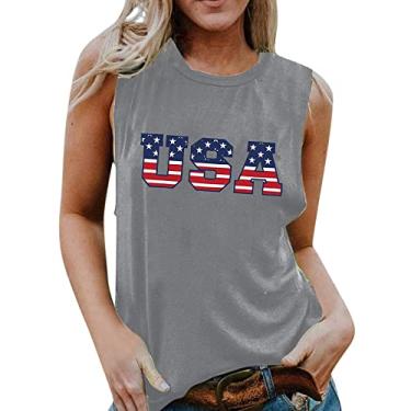 Imagem de Camiseta regata feminina Independent Day com estampa de bandeira sem mangas, gola redonda, caimento solto, camiseta 4 de julho, Cinza, XXG