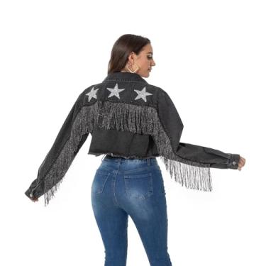 Imagem de WELLATENT Jaqueta jeans jeans com franja cortada com strass jaqueta jeans envelhecida manga longa borla casaco jeans para mulheres, Preto, GG
