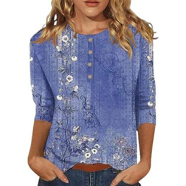 Imagem de Camisetas femininas de manga 3/4 de comprimento na moda 2024 gola redonda blusas casuais soltas com estampa de flores, Ofertas Relâmpago Azul, P