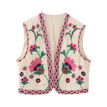 Imagem de hathne Colete feminino bordado floral boho vintage sem mangas frente aberta cardigã colete colete, rosa, P