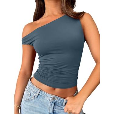 Imagem de Trendy Queen Camisetas femininas com ombros de fora, sem mangas, regatas cropped justas Y2K, roupas de verão 2024, Azul escuro, M