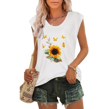 Imagem de JOELLYUS Camisetas femininas de manga cavada, regata de verão, casuais, básicas, blusas folgadas, Flores brancas do sol, G