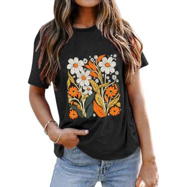 Imagem de Camiseta feminina com estampa floral botânica abstrata de flores silvestres vintage, Cinza, GG
