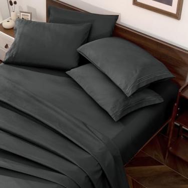 Imagem de Horbaunal Jogo de cama cinza escuro King Size - 6 peças luxuosas 1800 fios lençóis e fronhas - Conjunto de cama de microfibra com bolso profundo de 40,6 cm - Lençóis macios e enrugados