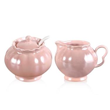 Imagem de Conjunto de 3 peças de tigela de açúcar e jarra de creme, dispensador de açúcar de porcelana esmaltada perolada e conjunto de recipientes de creme para café, chá, leite e qualquer bancada, rosa