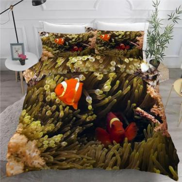 Imagem de Jogo de cama com estampa de peixe-palhaço California King, grupo coral, conjunto de 3 peças, capa de edredom de microfibra macia, 264 x 248 cm e 2 fronhas, com fecho de zíper e laços