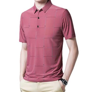 Imagem de Polos de golfe masculinos poliéster listra tênis camiseta rápida umidade wicking seco colarinho leve manga curta moda ao ar livre(Color:Light Red,Size:M)