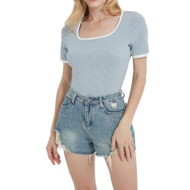 Imagem de Camiseta feminina de manga curta de malha de verão gola quadrada 2024 blusa casual moderna, Cinza, G