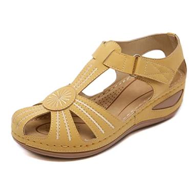 Imagem de Sandálias Retro de Biqueira Fechada de Tamanho Grande Femininas Sandálias Leves Sapatos de Plataforma,Amarelo,35