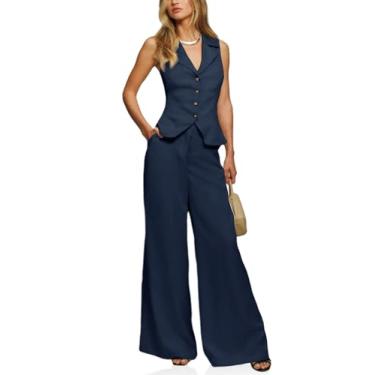 Imagem de Cicy Bell Conjunto de colete feminino de verão de 2 peças, blazer cropped de botão, colete e calça de perna larga, Azul marino, M