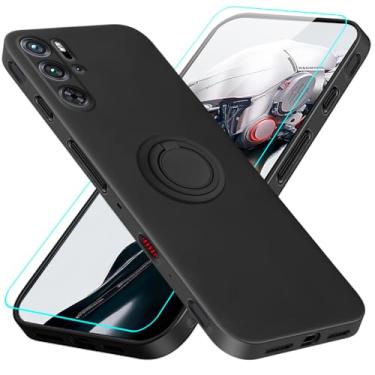 Imagem de Capa para celular Red Magic 9 Pro Plus com protetor de tela de vidro, suporte de anel giratório 360 magnéticos/suporte magnético, capa protetora de silicone TPU para ZTE Nubia Red Magic 9 Pro - preta