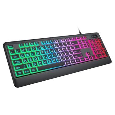 Imagem de KOPJIPPOM Teclado com Fio Retroiluminado - Teclado de Computador com Impressão Grande e Luz de Fundo do Arco-íris, USB Silencioso, Compatível com Windows e Mac