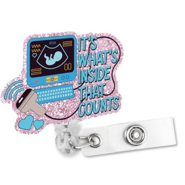 Imagem de Sixrip It's What's Inside That Counts Molinete retrátil com glitter com clipe jacaré, presente engraçado para crachá de ultrassom para L&D RN OB parteira maternidade, enfermeira, obstetrícia, presente