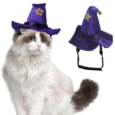 Imagem de Pets on Safari Fantasia de animal de estimação Helloween, chapéu de bruxo de gato ajustável, boné engraçado de cosplay para gatinho, acessórios de festa Helloween com sino para filhote
