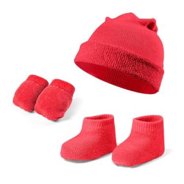 Imagem de Kit Recém Nascido Maternidade Enxoval Meia, Touca E Luva para Meninos e Meninas (Vermelho, Recém Nascido)