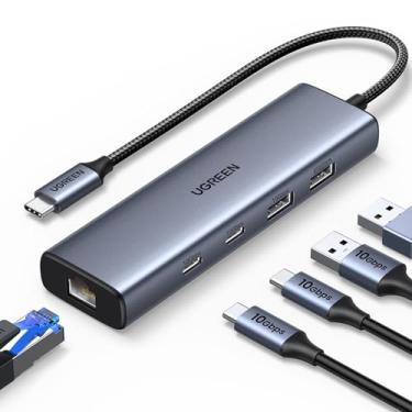 Imagem de UGREEN Adaptador USB C para Ethernet, porta de dados de 10 Gbps Hub Ethernet 6 em 1 com 2 USB-C 3.2, USB-A 3.2/2.0, Gigabit RJ45, porta de alimentação (apenas para adaptador), dongle tipo C para rede