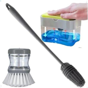 Imagem de Kit Limpeza Pia Louça, Porta Detergente com Esponja, Reservatório Dispenser 2x1, Sabão Multiuso, Escova de Silicone