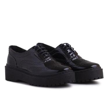 Imagem de Sapato Oxford Feminino Tratorado Metalizado Clássico - Q&A, Preto, 37