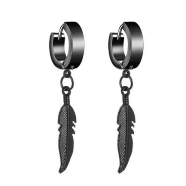 Imagem de par de brinco de pena argola preta black em aço inox preto - KC STORE