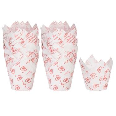 Imagem de HARFINGTON 100 peças de forros de cupcake de tulipa copos de papel padrão para assar embalagens à prova de gordura descartáveis para festa de banquetes de aniversário, branco com padrão de coração