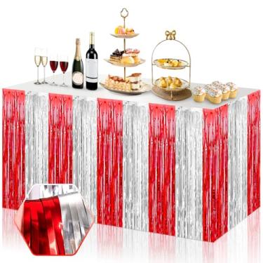 Imagem de Pacote com 3 saias de mesa 73 x 272 cm vermelho prata metálica folha franja tinsel saias, mesas retangulares casamento, aniversário, férias, festas, decoração, desfile, boias de carnaval