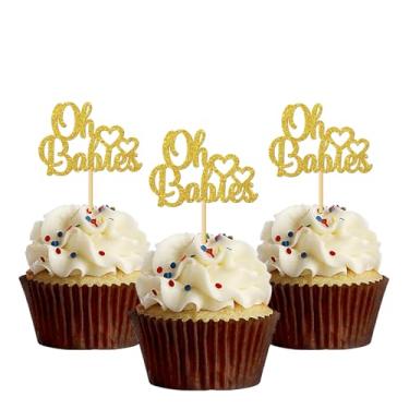Imagem de MonMon & Craft 24 peças de enfeite de cupcake Oh Babies para gêmeos toppers de cupcake / festa de 1º aniversário de bebê / decorações de cupcake de revelação de gênero / enfeites de cupcake de festa dourado com glitter de boas-vindas para bebês de 6 meses