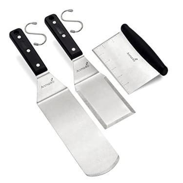 Imagem de Anmarko Espátula de metal raspador de aço inoxidável - conjunto de 3 espátulas profissionais para chapa de chef - acessórios resistentes, ótimos para churrasqueira de ferro fundido, frigideira,