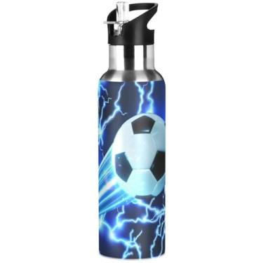 Imagem de Garrafa de água de futebol de 590 ml, Blue Lightning Garrafa de água esportiva para meninos, caneca térmica de aço inoxidável a vácuo isolada com tampa e alça de canudo