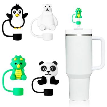 Imagem de WELTAZ 4 peças de cobertura de palha de animais para copo Stanley, copo de 10 mm, 567 g, 850 g e 1,12 l com alça, tampas de canudo reutilizáveis de 10 mm à prova de poeira