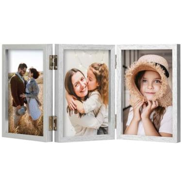 Imagem de ORIVAN Porta-retrato triplo articulado 4x6 3 fotos molduras dobráveis com molduras verticais de vidro, prata