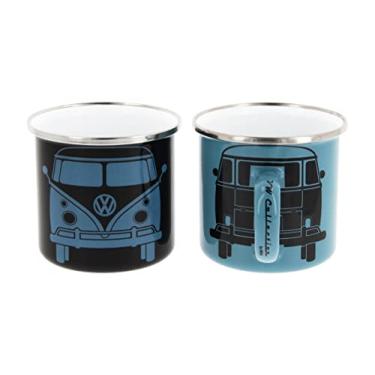 Imagem de BRISA Coleção VW - Conjunto de canecas de café e chá esmaltadas Volkswagen de 2 peças para acampamento e ônibus T1 ao ar livre (preto/azul)
