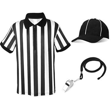 Imagem de Camiseta oficial de árbitro infantil, camisa de árbitro com gola virada listrada preta e branca, apito de aço inoxidável com cordão para basquete, futebol futebol (pequena)