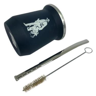 Imagem de Kit tereré copo cuia alumínio 350ml redondo azul parede dupla + bomba 